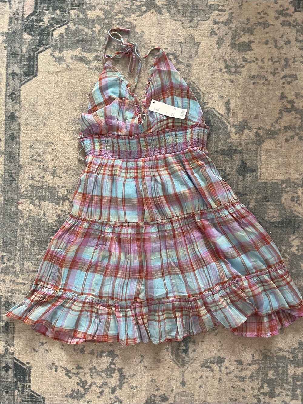 Urban Outfitters Plaid Halter Mini Dress in Pastel Pink & Light Blue